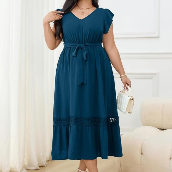 Women Plus Size Summer Maxi Dress V Neck Cap Sleeves Casual Formal - Picture 4 of 6